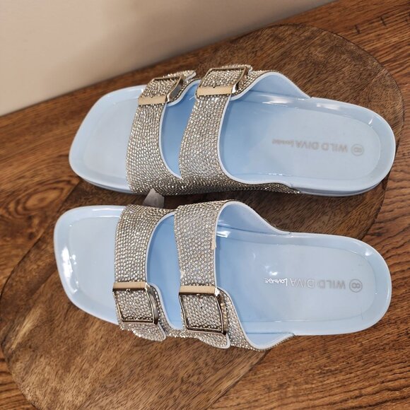 NWB Blue and Rhinestone Double Strap Slide on Sandals - Picture 4 of 9